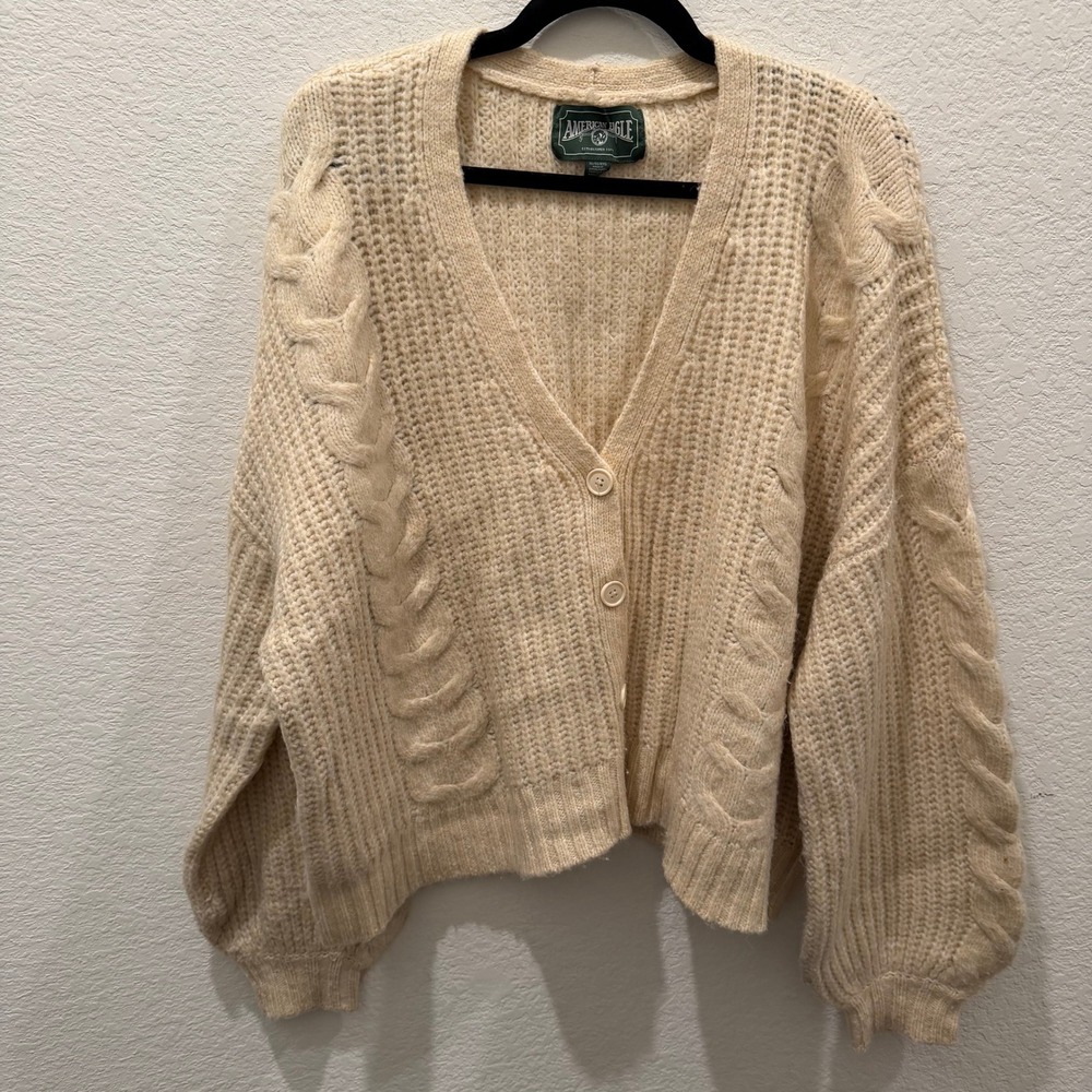 American Eagle Cream Cable Knit Oversized Cardigan Sweater XL Beige Boho